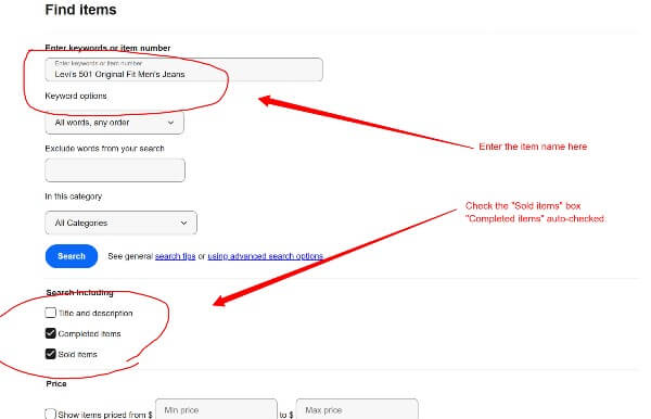 eBay advanced search page with Sold Listings filter selected to find real sale prices