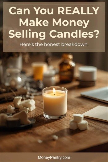 Lit candle with text overlay asking if you can really make money selling candles