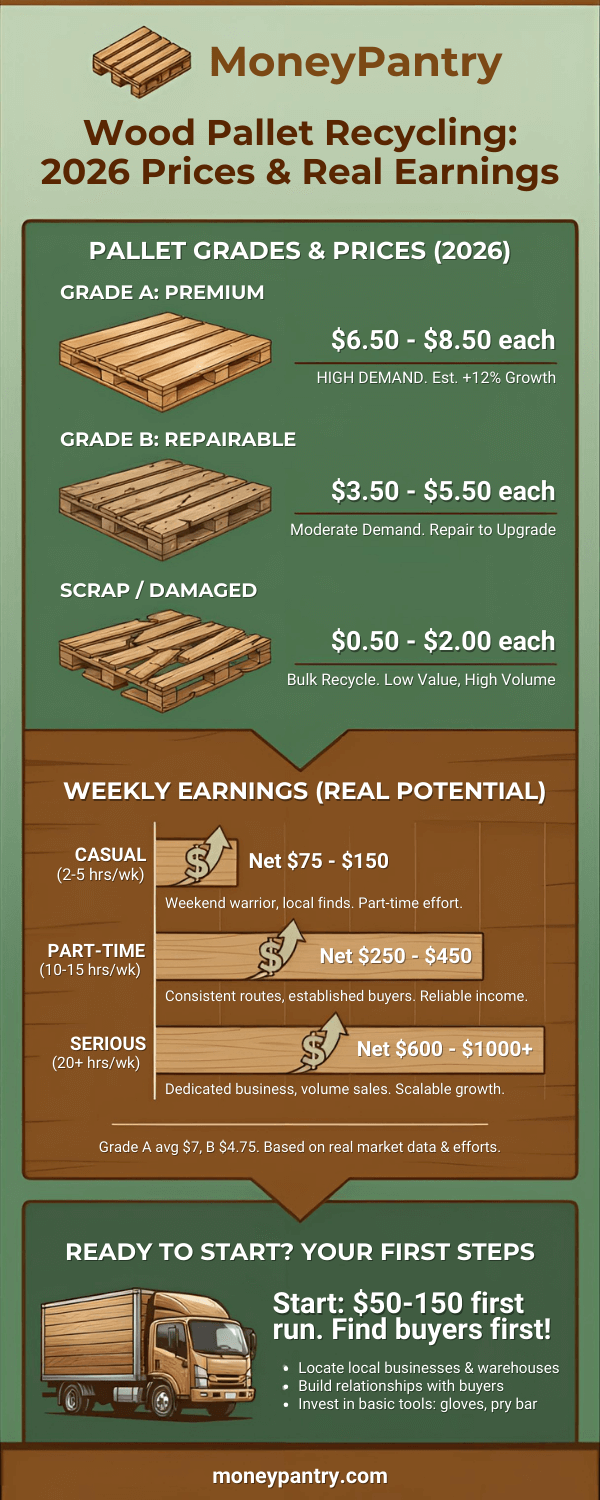 2026 wood pallet recycling prices chart (Grade A $6-8, Grade B $4.25-5.50) + weekly earnings by effort level from MoneyPantry