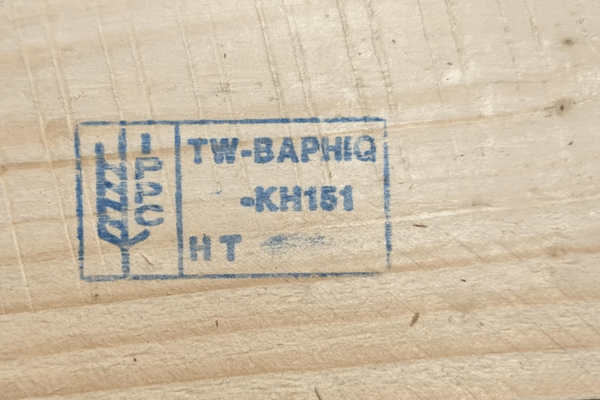 Close-up of IPPC HT heat-treated stamp on wood pallet - safe for recycling (avoid MB toxic pallets) MoneyPantry guide