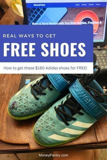 MoneyPantry's guide on how to become a shoe product tester. An example of free shoes I got from a product testing program (in this case, a pair of worn Adidas squat shoes) placed next to my laptop showing the MoneyPantry website.