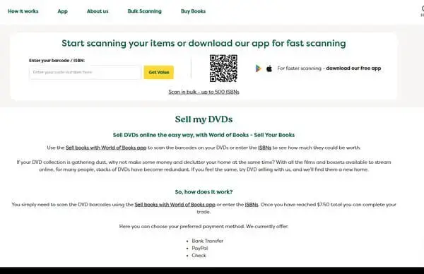 A screenshot showing the World of Books barcode scanning tool to scan the back of a DVD to get an instant price quote.