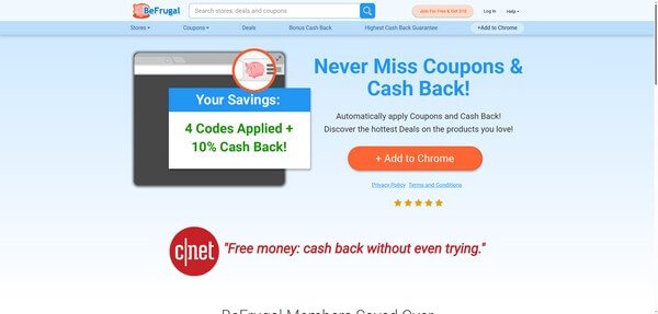 BeFrugal browser extension activated for cashback alerts and coupon codes