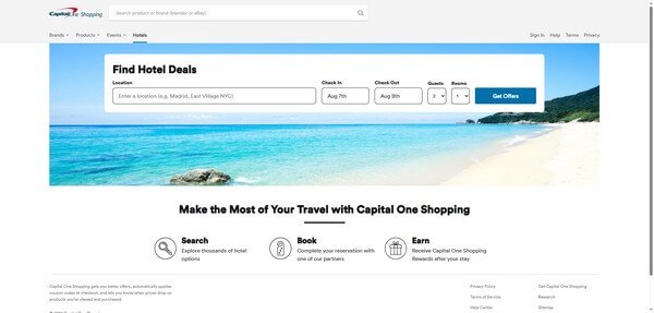 Capital One Shopping hotels cashback example showing high percentage rewards