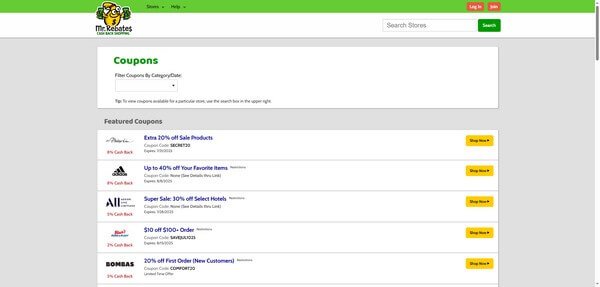 Mr. Rebates coupons page showing store discounts and promo codes