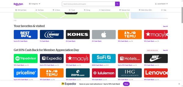 My Rakuten account showing cashback percentages for the stores I shop from frequently. 