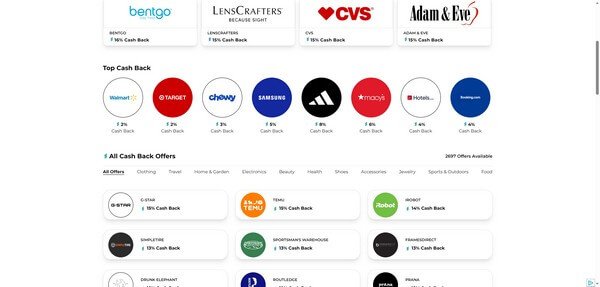 RetailMeNot featured cashback stores page highlighting popular retailers