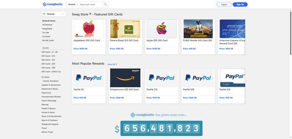 My Swagbucks account's Swag Store page showing gift card rewards available for points