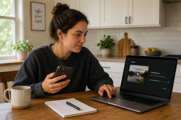 Woman uploads a phone video clip to a laptop to license and get paid for it.