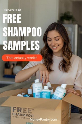 Our updated guide to the best ways to get free shampoo samples by mail and in-store. A woman smiling as she opens a box full of free shampoo samples from brands like Pantene and Dove, demonstrating how to get samples by mail.