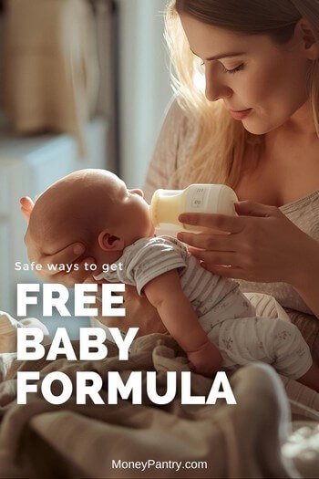 How to get free baby formula samples and emergency assistance. A mother feeding her baby with a bottle of free formula obtained through a manufacturer sample program.