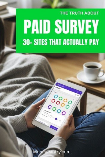 A woman sitting on a couch, taking a paid survey on her tablet from one of the legit sites mentioned in this guide to the best paid survey sites that actually pay.