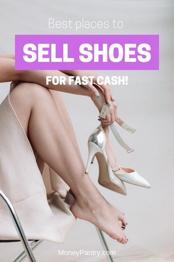A woman holding a pair of sneakers, with text overlay reading 'best places to sell shoes for cash'.