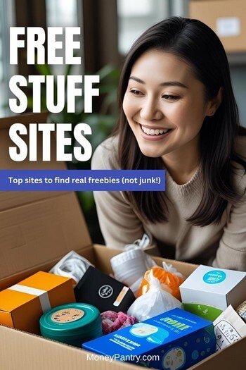 A smiling woman looks down happily into an open box filled with free stuff and product samples received by mail from a legitimate freebie website.