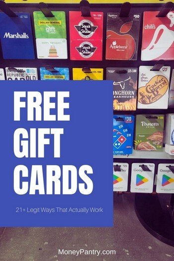A photo of a retail store shelf displaying dozens of different gift cards, like Amazon, Marshalls, Pizza hut and Google Play, that you can earn for free with these legit methods.