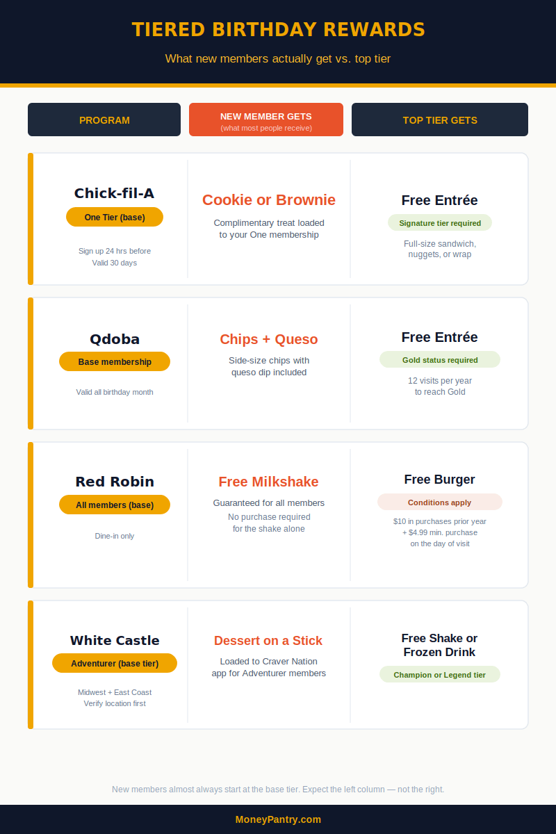Comparison infographic showing tiered birthday rewards at Chick-fil-A, Qdoba, Red Robin, and White Castle — what new members get vs top tier members