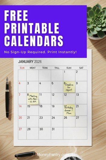 A clean desk with a free printable calendar for 2026, a cup of coffee, and a pen, showing a simple way to get organized.