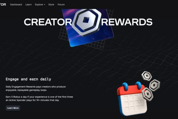Roblox Creator Rewards program page where eligible creators earn free Robux from qualifying daily visitors.