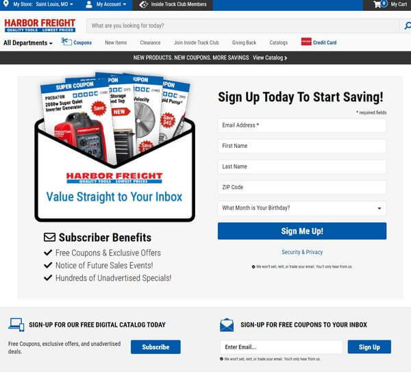 Harbor Freight email sign up form