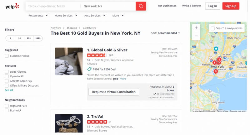 Yelp listing for Gold Buyers in New York