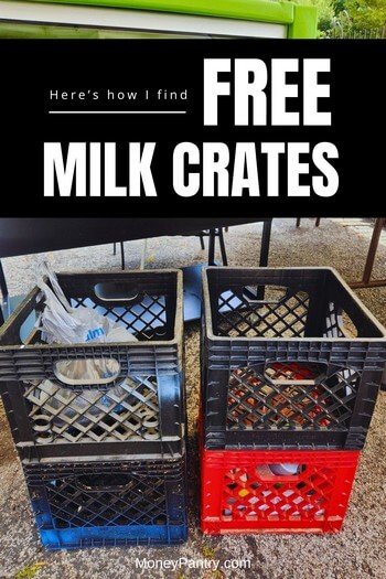 A photo of four of my own milk crates being used as a practical storage solution in my workshop for organizing paint cans and tools.