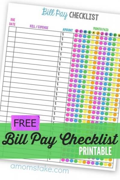 Monthly Bill Payment Checklist from A Mom’s Take