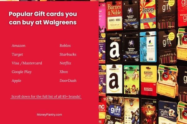 Popular Gift Cards Sold at Walgreens A graphic showing the logos of the most popular gift cards at Walgreens, including Amazon, Visa, Target, Apple, and Starbucks.