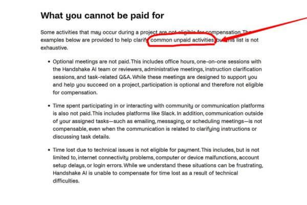 What Handshake AI Won't Pay You For - MoneyPantry.com Screenshot of the Handshake AI help center page listing unpaid activities including onboarding, Slack time, and meetings