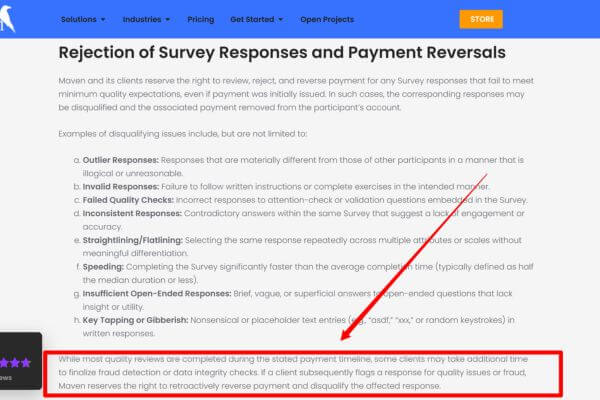 Maven Payment Reversal Rule - MoneyPantry.com Screenshot of the Maven's payment policy showing where it says they can reject and reverse payment for survey responses after issuing it.