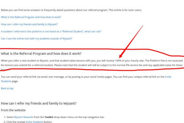 Wyzant Referral Fee Rule for Tutors - MoneyPantry.com Screenshot of Wyzant's help page showing tutors keep 100% of their rate for students they refer