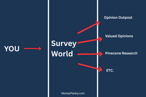 How the SurveyWorld Aggregator Model Works Diagram showing a user being sent to multiple different partner survey sites from SurveyWorld.