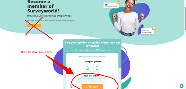 Where to Find the Real SurveyWorld Sign-Up Form Screenshot of the SurveyWorld homepage highlighting that the real sign-up form is not the menu link, but a separate box you must scroll down to find.
