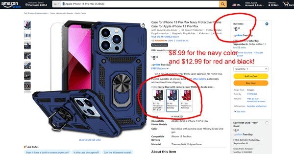 Amazon hack: Always check all color variants to find the lowest price. A screenshot of an Amazon product page for an iPhone 13 Pro Max case, proving the color price change hack by showing the navy blue version priced higher than the black version.