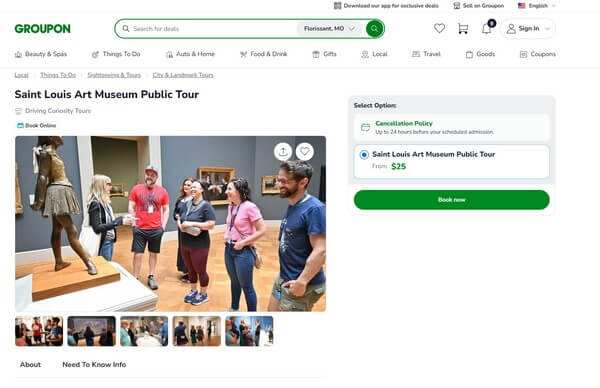 Use Groupon promo codes to save big on local experiences. Groupon coupon site showing discounted tickets for Saint Louis Art Museum public tour