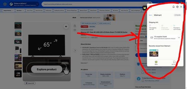 Use Karma coupon extension to save at Walmart & other retailers. Karma browser extension showing a coupon applied for Hisense TV on Walmart.com