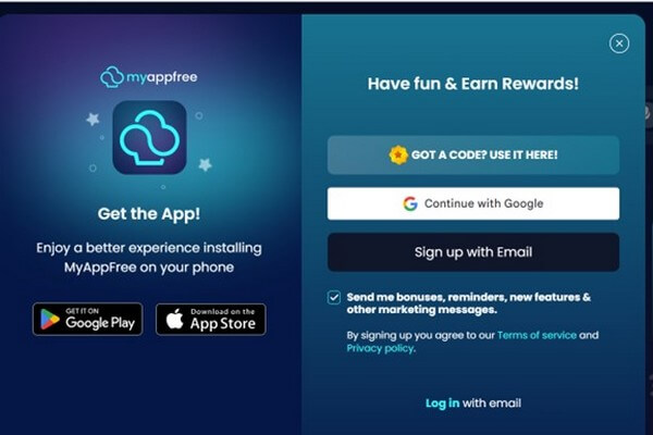 MyFreeApp sign up page screenshot Screenshot of MyFreeApp sign up page.