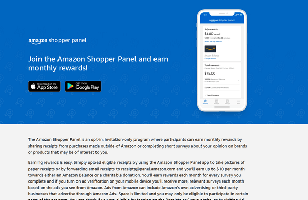Amazon Shopper Panel app screenshot showing earnings and survey options