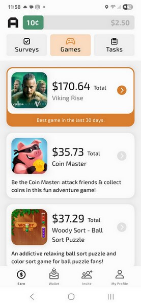 AttaPoll App screenshot of Earn dashboard with current survey opportunities AttaPoll Earn dashboard showing available surveys, games and tasks to earn money with.
