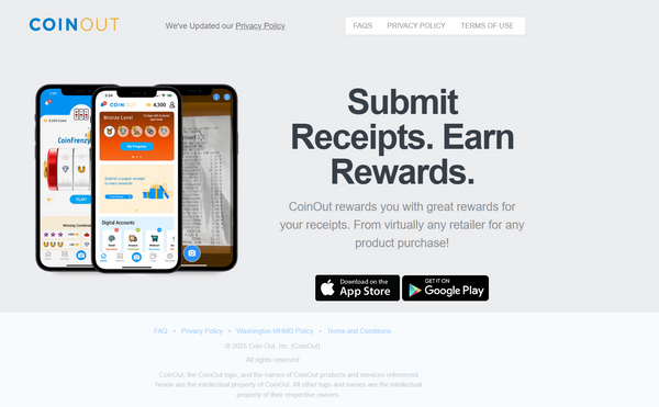CoinOut app screenshot showing total earnings from scanned receipts