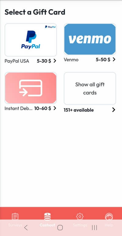 HeyPiggy app cash out screen showing minimum withdrawal amount