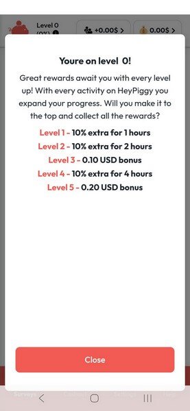 HeyPiggy app user levels screen showing account progression and level bonuses.