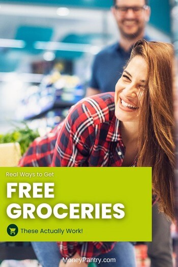 A smiling couple shopping with their grocery basket, using smart ways to save money on food and get free groceries.