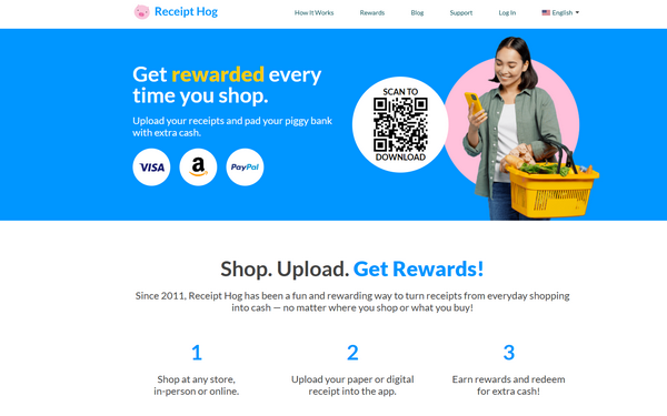 Receipt Hog app dashboard with points and receipt history