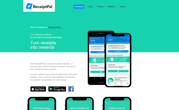 ReceiptPal app showing points tracker and reward options