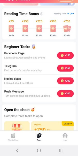 Screenshot from my Reel Rush review showing the earning page and the daily tasks.