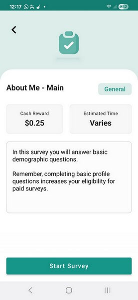 My very first survey on the SOTG app. Screenshot of the initial 'About Me' profile survey I got after downloading the Surveys on the Go app.