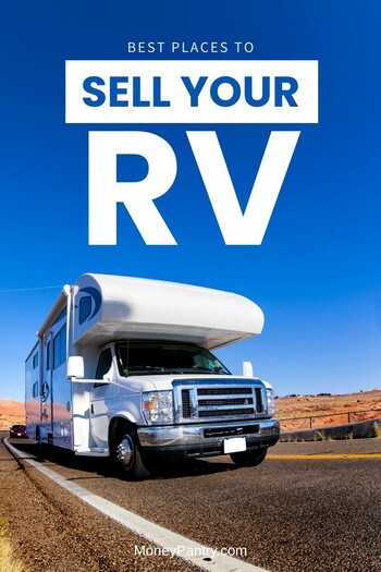 An RV driving on a scenic road with text overlay that reads: best places to sell RV
