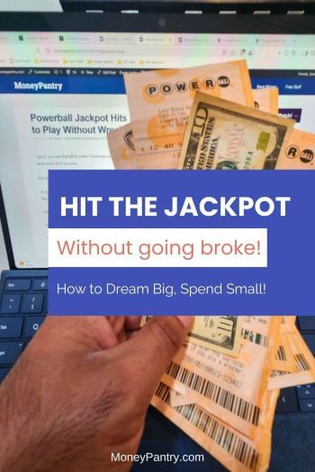 Hand holding Powerball lottery tickets above a laptop showing a MoneyPantry post about playing responsibly and protecting your budget.