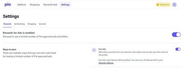 A screenshot of the Pie Adblock settings page, showing the user how to enable the 'Rewards for Ads' feature.