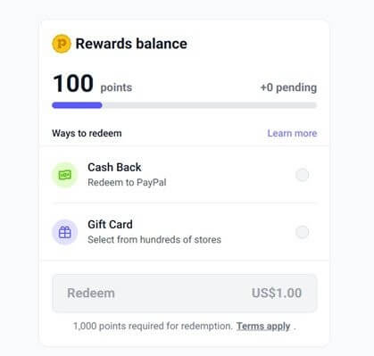 A screenshot of the Pie Adblock redemption page showing a point balance and the options to cash out via PayPal or gift cards.